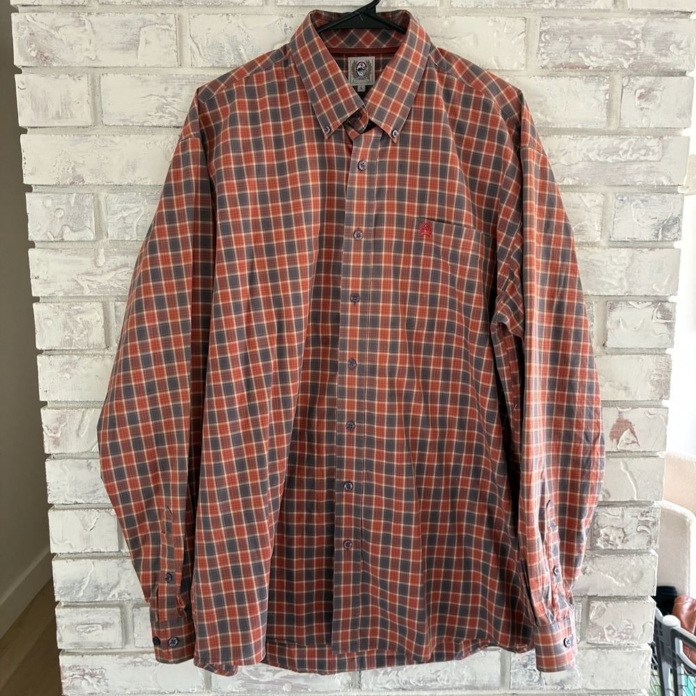 Cinch Mens L Western Plaid Shirt Cotton Long Sleeve Rust Orange Navy Blue